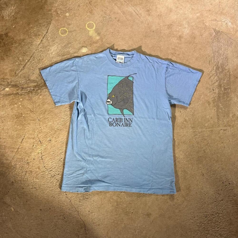 Vintage 90s Carib Inn Bonaire Blue T-Shirt with Fish Graphic Single Stitch